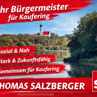 Wahlkampf-Grafik im SPD-Design mit rotem Layout. Im Hintergrund ein ruhiger See mit Spiegelung und eine Kirche auf einem bewaldeten Hügel in Kaufering. Darüber die Überschrift „Ihr Bürgermeister für Kaufering“, drei rote Banner mit den Aussagen „Sozial &
